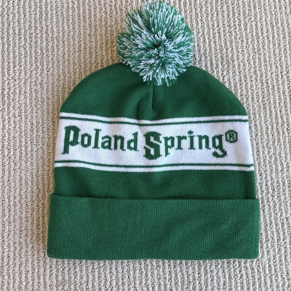 Poland Spring Water Maine Green Acrylic Beanie Hat Cap Knit Pom Retro